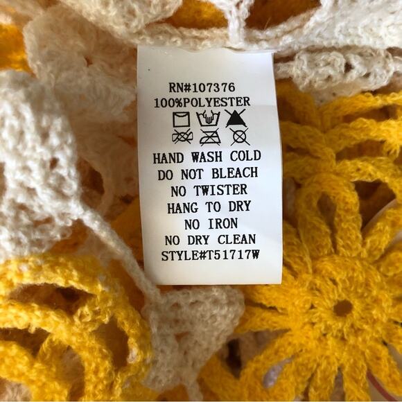 Available NWT Feminine Golden Yellow Ivory Print Oversized Crop Crochet Top O/S - Picture 11 of 15